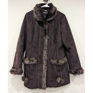 Pamela McCoy Couture Brown Faux Suede and Fur Trimmed Coat Small